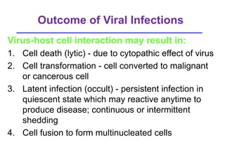 Outcome of Viral Infections
Virus-host cell interaction may result in:
1. Cell death (lytic) - due to cytopathic effect of virus
2. Cell transformation - cell converted to malignant
or cancerous cell
3. Latent infection (occult) - persistent infection in
quiescent state which may reactive anytime to
produce disease; continuous or intermittent
shedding
4. Cell fusion to form multinucleated cells
 