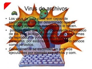 Virus de archivos Los virus de esta clase son capaz de esconderse entro del determinado tipo de archivo y ejecutarse cuando esto lo hacen. podrían decir que son el equivalente informático de los virus biológicos debido a que sus formas de reproducirse y mantenerse son muy parecidas; por esta razón también se lo conoce como parásitos.  Generalmente se esconden en archivos ejecutables por ejemplo exe,pif,vbs y com.  