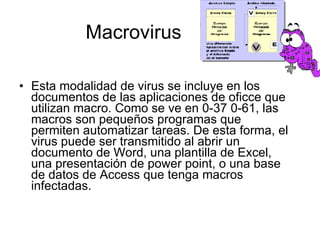 Macrovirus Esta modalidad de virus se incluye en los documentos de las aplicaciones de oficce que utilizan macro. Como se ve en 0-37 0-61, las macros son pequeños programas que permiten automatizar tareas. De esta forma, el virus puede ser transmitido al abrir un documento de Word, una plantilla de Excel, una presentación de power point, o una base de datos de Access que tenga macros infectadas. 