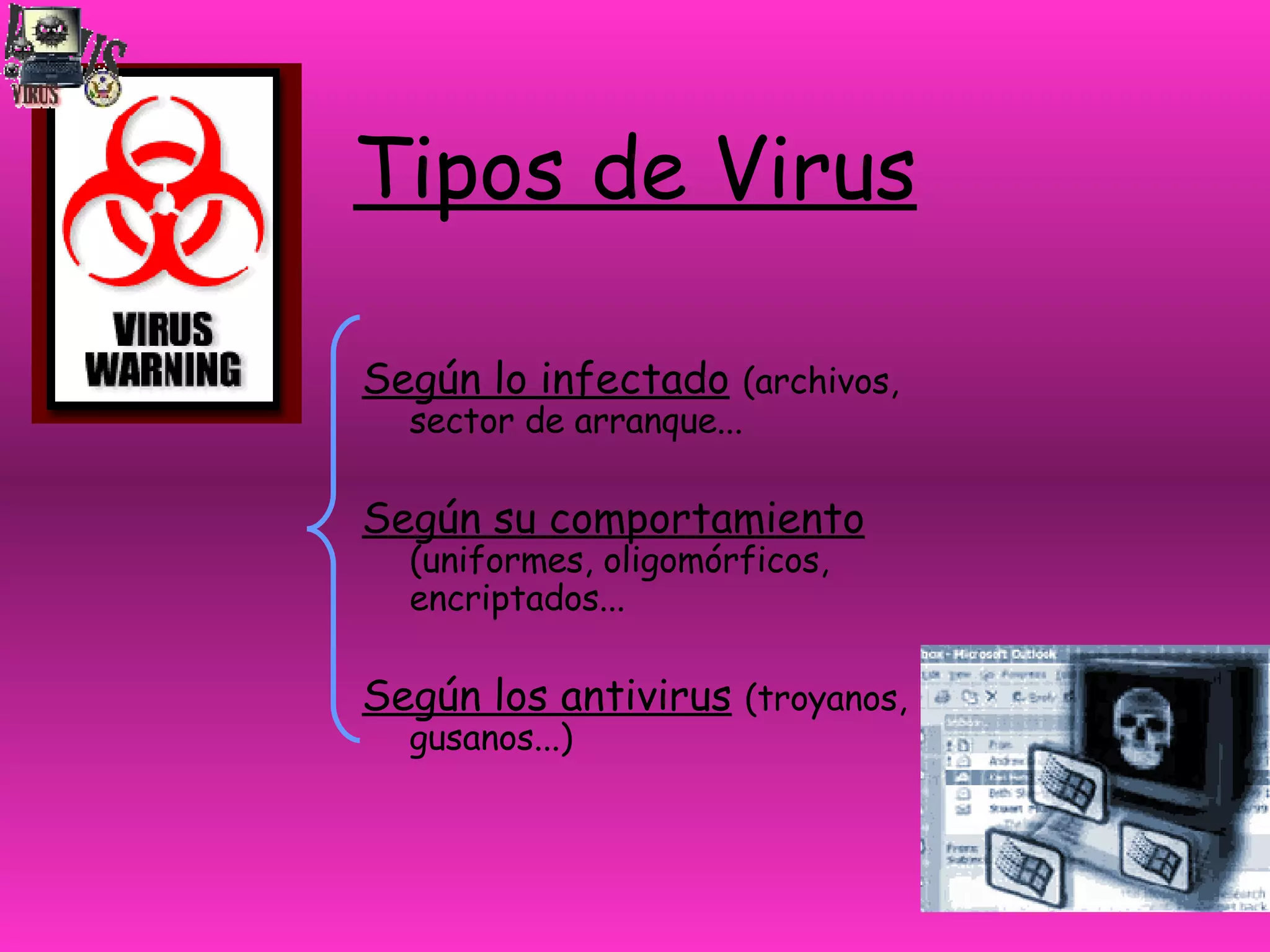 Tipos de Virus Según lo infectado   (archivos, sector de arranque... Según su comportamiento   (uniformes, oligomórficos, encriptados... Según los antivirus   (troyanos, gusanos...) 