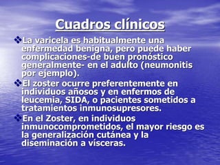Cuadros clínicos
La varicela es habitualmente una
enfermedad benigna, pero puede haber
complicaciones-de buen pronóstico
generalmente- en el adulto (neumonitis
por ejemplo).
El zoster ocurre preferentemente en
individuos añosos y en enfermos de
leucemia, SIDA, o pacientes sometidos a
tratamientos inmunosupresores.
En el Zoster, en individuos
inmunocomprometidos, el mayor riesgo es
la generalización cutánea y la
diseminación a vísceras.
 