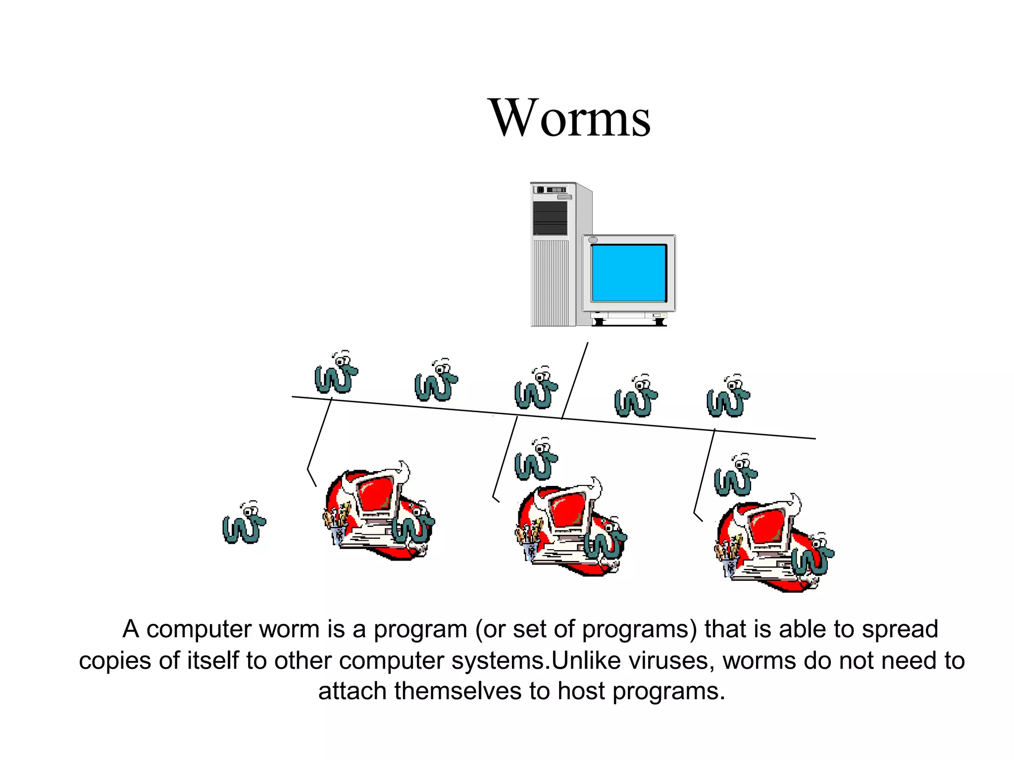 Worms
A computer worm is a program (or set of programs) that is able to spread
copies of itself to other computer systems.Unlike viruses, worms do not need to
attach themselves to host programs.
 