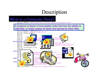 Description
 
A program (a block of executable code) that has the ability to
replicate, or make copies of itself, and spread to other files.
What is a Computer Virus?
 