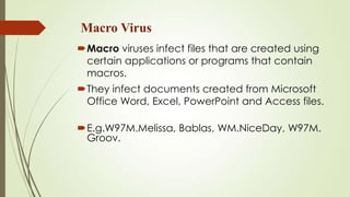 Macro Virus
Macro viruses infect files that are created using
certain applications or programs that contain
macros.
They infect documents created from Microsoft
Office Word, Excel, PowerPoint and Access files.
E.g.W97M.Melissa, Bablas, WM.NiceDay, W97M.
Groov.
 