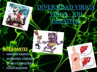 DIVERSIDAD VIRICA
VIRUS - VIH
HEPATITIS
INTEGRANTES
• IGNACIO RAMOS
• JHONATAN CONDORI
• CHARLES MAQUERA
• HUGO HUMANI
 