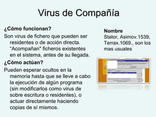 Virus de CompañíaVirus de Compañía
¿Cómo funcionan?
Son virus de fichero que pueden ser
residentes o de acción directa.
“Acompañan" ficheros existentes
en el sistema, antes de su llegada.
¿Cómo actúan?
Pueden esperar ocultos en la
memoria hasta que se lleve a cabo
la ejecución de algún programa
(sin modificarlos como virus de
sobre escritura o residentes), o
actuar directamente haciendo
copias de sí mismos.
Nombre
Stator, Asimov.1539,
Terrax.1069., son los
mas usuales
 