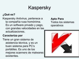 KasperskyKaspersky
¿Qué es?
Kaspersky Antivirus, pertenece a
la compañía rusa homónima.
Es un software privado y pago,
con grandes velocidades en las
actualizaciones.
Caracteriza por
Tiene un gran sistema de
asistencia técnica, y es un
buen sistema para PC’s
portátiles. Es uno de los
mejores scanners de malwares
exixtentes.
Apto Para
Todos los sistemas
operativos
 
