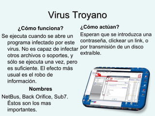 Virus TroyanoVirus Troyano
¿Cómo funciona?
Se ejecuta cuando se abre un
programa infectado por este
virus. No es capaz de infectar
otros archivos o soportes, y
sólo se ejecuta una vez, pero
es suficiente. El efecto más
usual es el robo de
información.
Nombres
NetBus, Back Orifice, Sub7.
Éstos son los mas
importantes.
¿Cómo actúan?
Esperan que se introduzca una
contraseña, clickear un link, o
por transmisión de un disco
extraíble.
 