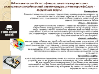 В дополнение к этой классификации отметим еще несколько
отличительных особенностей, характеризующих некоторые файлово -
                       загрузочные вирусы.              Полиморфизм.
              Большинство вирусов, созданных в прежние годы, при саморазмножении никак не
                            изменяются, так что «потомки» являются абсолютно точной копией
                     «прародителя», что и позволяет легко их обнаруживать по характерной для
                                                          каждого последовательности байтов
                                                                         «Стелс» - технология.
                         Этот термин появился по аналогии с названием технологии разработки
                        американского бомбардировщика, невидимого на экране радара. Стелс-
                        вирус, находясь в памяти компьютера, перехватывает почти все векторы
                    прерываний . В результате при попытке контроля длины зараженного файла
                    ДОС выдает старую, «правильную» длину вместо истинной, а при просмотре
                                                 коды вируса исключаются им из рассмотрения.
                                                                         «Логические бомбы».
             Такая программа добавляется к какой-либо полезной программе и «дремлет» в ней
                      до определенного часа. Когда же показания системного счетчика времени
               данного компьютера станут равными установленному программистом значению
                             часов, минут и секунд (или превысят их), производится какое-либо
                   разрушающее действие, например, форматирование винчестера. Это один из
                         распространенных вариантов мести обиженных программистов своему
                                                                                   руководству.
                                                                         Программы-вандалы.
               Самый простой способ напакостить всем и вся. Пишется программа-разрушитель
                  (например, все тот же форматировщик винчестера), ей дается название, такое
                           же, как у другой, полезной программы, и она размещается в качестве
                   «обновленной версии». Ничего не подозревающий пользователь обрадовано
                   «скачивает» ее на свой компьютер и запускает, а в результате - лишается всей
                                                                информации на жестком диске.
 