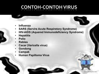 CONTOH-CONTOH VIRUS

•
•
•
•
•
•
•
•
•
•

Influenza
SARS (Servire Acute Respiretory Syndrome)
HIV-AIDS (Aquered Immunodeficiency Syndrome)
Hepatitis
Polio
Rabies
Cacar (Varicella virus)
Gondong
Campak
Human Papilloma Virus

 