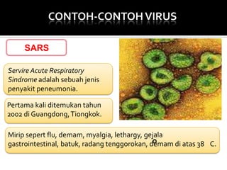 CONTOH-CONTOH VIRUS
SARS
Servire Acute Respiratory
Sindrome adalah sebuah jenis
penyakit peneumonia.
Pertama kali ditemukan tahun
2002 di Guangdong, Tiongkok.

Mirip sepert flu, demam, myalgia, lethargy, gejala
gastrointestinal, batuk, radang tenggorokan, demam di atas 38 C.

 