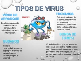 Se ejecutan cuando
se enciende la
computadora,
dañando o borrando
información.
Entran al software de
la computadora como
un programa
inofensivo, causando
daño a los archivos o
robando datos.
Tiene la
característica que s e
copia por mismo y se
expanden o se
distribuyen por el
internet
Virus informático que permanecen
inofensivo y se activa hasta que se
cumpla una condición determinada
puede ser una fecha ejecutar un
programa o realizar una combinación
de teclas
 