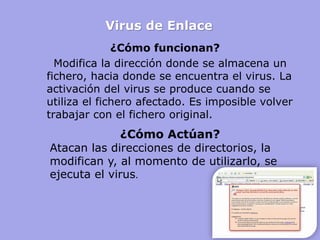 Virus de Enlace 
¿Cómo funcionan? 
Modifica la dirección donde se almacena un fichero, hacia donde se encuentra el virus. La activación del virus se produce cuando se utiliza el fichero afectado. Es imposible volver trabajar con el fichero original. 
¿Cómo Actúan? Atacan las direcciones de directorios, la modifican y, al momento de utilizarlo, se ejecuta el virus.  