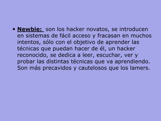 Newbie: son los hacker novatos, se introducen en sistemas de fácil acceso y fracasan en muchos intentos, sólo con el objetivo de aprender las técnicas que puedan hacer de él, un hacker reconocido, se dedica a leer, escuchar, ver y probar las distintas técnicas que va aprendiendo. Son más precavidos y cautelosos que los lamers. 
 