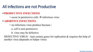 All infections are not Productive
 PRODUCTIVE INFECTIONS
> occur in permissive cells  infectious virus
 ABORTIVE INFECTIONS
> no infectious virus produce because :
a. cell is non-permissive
b. virus may be defective
DEFECTIVE VIRUS – lack certain genes for replication & requires the help of
another virus (dependo or helper virus)
Dr. Farzin Asghari Sana
 