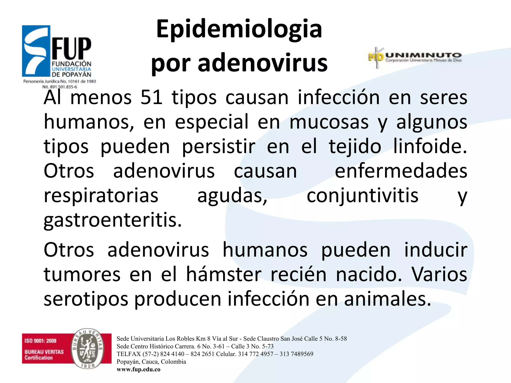 Epidemiologia
por adenovirus
Al menos 51 tipos causan infección en seres
humanos, en especial en mucosas y algunos
tipos pueden persistir en el tejido linfoide.
Otros adenovirus causan enfermedades
respiratorias agudas, conjuntivitis y
gastroenteritis.
Otros adenovirus humanos pueden inducir
tumores en el hámster recién nacido. Varios
serotipos producen infección en animales.
Sede Universitaria Los Robles Km 8 Vía al Sur - Sede Claustro San José Calle 5 No. 8-58
Sede Centro Histórico Carrera. 6 No. 3-61 – Calle 3 No. 5-73
TELFAX (57-2) 824 4140 – 824 2651 Celular. 314 772 4957 – 313 7489569
Popayán, Cauca, Colombia
www.fup.edu.co
 