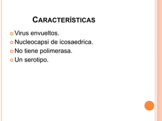 CARACTERÍSTICAS
 Virus envueltos.
 Nucleocapsi de icosaedrica.
 No tiene polimerasa.
 Un serotipo.
 