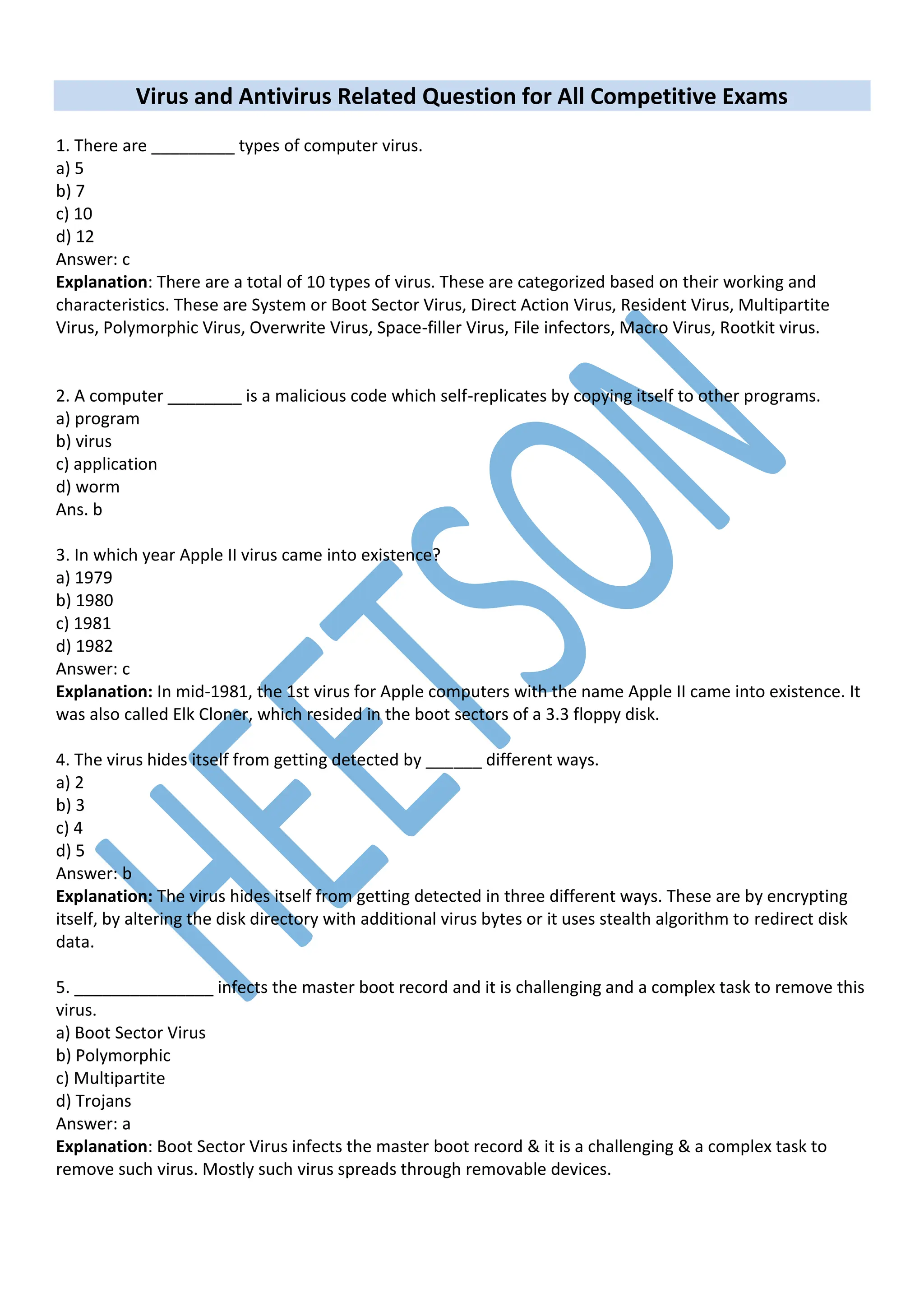 Computer Virus and Antivirus MCQ Question | PDF