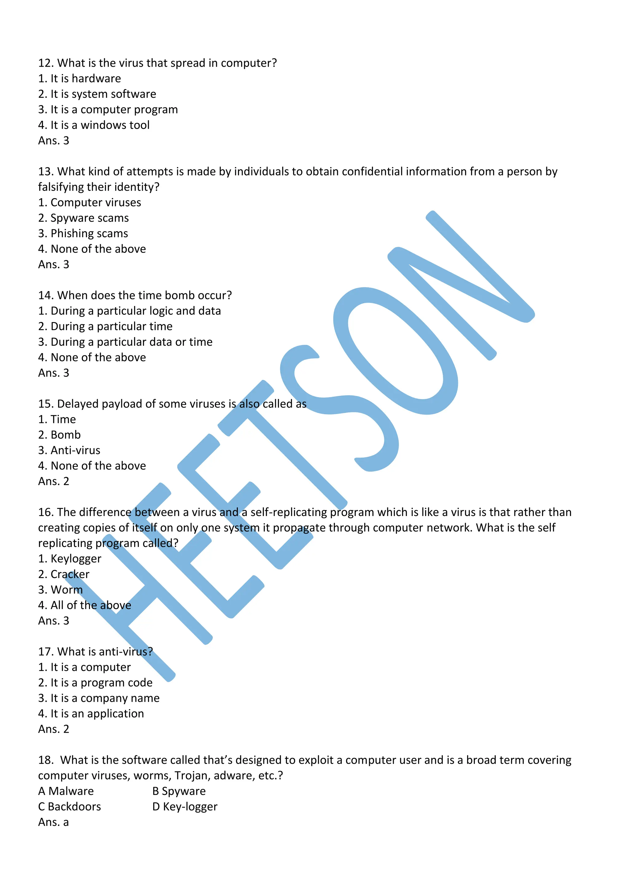 Computer Virus and Antivirus MCQ Question | PDF