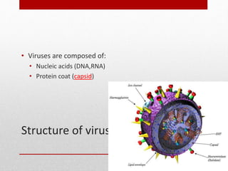 Structure of viruses.
• Viruses are composed of:
• Nucleic acids (DNA,RNA)
• Protein coat (capsid)
 