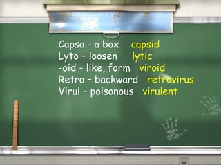 Capsa - a box capsid
Lyto – loosen lytic
-oid - like, form viroid
Retro – backward retrovirus
Virul – poisonous virulent
 