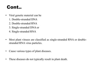Cont..
• Viral genetic material can be
1. Double-stranded DNA
2. Double-stranded RNA
3. Single-stranded DNA or
4. Single-stranded RNA
• Most plant viruses are classified as single-stranded RNA or double-
stranded RNA virus particles.
• Cause various types of plant diseases.
• These diseases do not typically result in plant death.
 