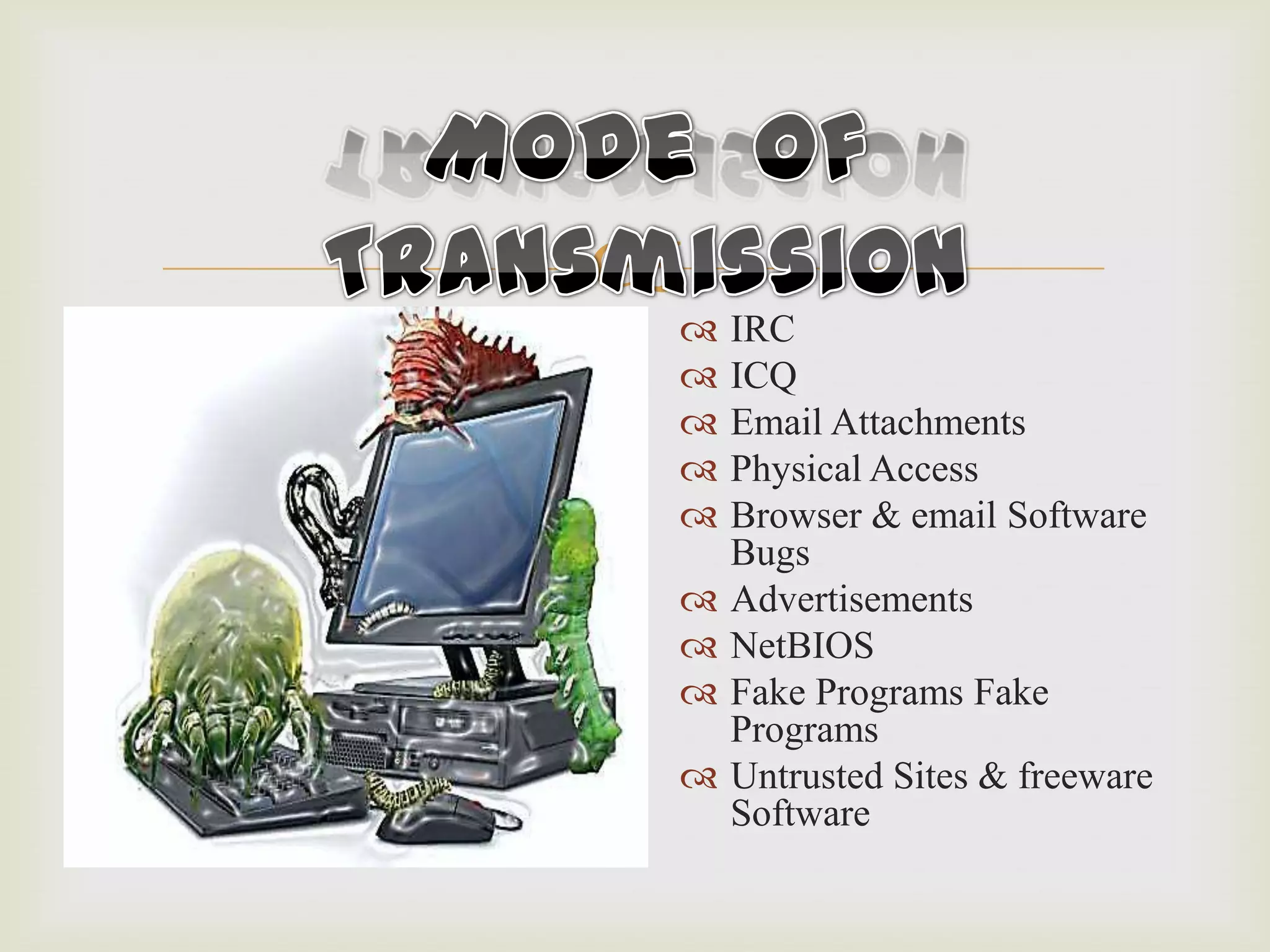 
 IRC
 ICQ
 Email Attachments
 Physical Access
 Browser & email Software
Bugs
 Advertisements
 NetBIOS
 Fake Programs Fake
Programs
 Untrusted Sites & freeware
Software
 