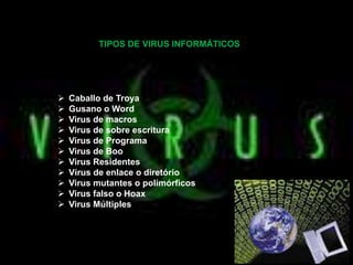 TIPOS DE VIRUS INFORMÁTICOS




   Caballo de Troya
   Gusano o Word
   Virus de macros
   Virus de sobre escritura
   Virus de Programa
   Virus de Boo
   Virus Residentes
   Vírus de enlace o diretório
   Virus mutantes o polimórficos
   Virus falso o Hoax
   Virus Múltiples
 