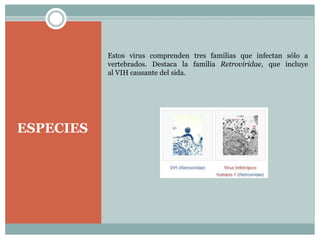 ESPECIES
Estos virus comprenden tres familias que infectan sólo a
vertebrados. Destaca la familia Retroviridae, que incluye
al VIH causante del sida.
 