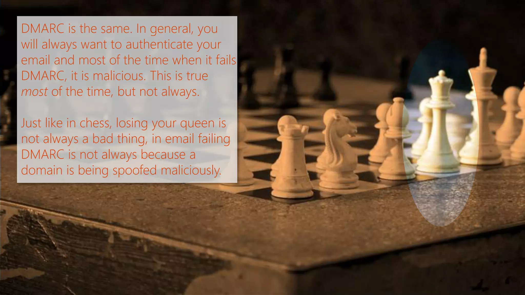DMARC is the same. In general, you 
will always want to authenticate your 
email and most of the time when it fails 
DMARC, it is malicious. This is true 
most of the time, but not always. 
Just like in chess, losing your queen is 
not always a bad thing, in email failing 
DMARC is not always because a 
domain is being spoofed maliciously. 
 