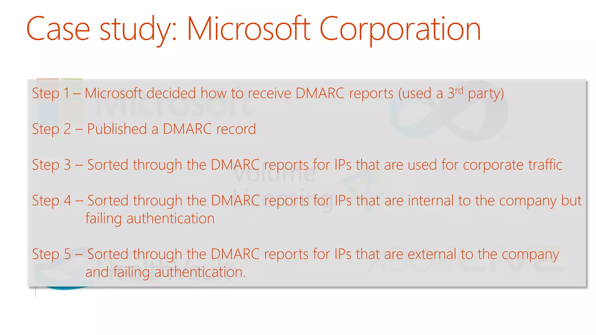 Step 1 – Microsoft decided how to receive DMARC reports (used a 3rd party) 
Step 2 – Published a DMARC record 
Step 3 – Sorted through the DMARC reports for IPs that are used for corporate traffic 
Step 4 – Sorted through the DMARC reports for IPs that are internal to the company but 
failing authentication 
Step 5 – Sorted through the DMARC reports for IPs that are external to the company 
and failing authentication. 
 