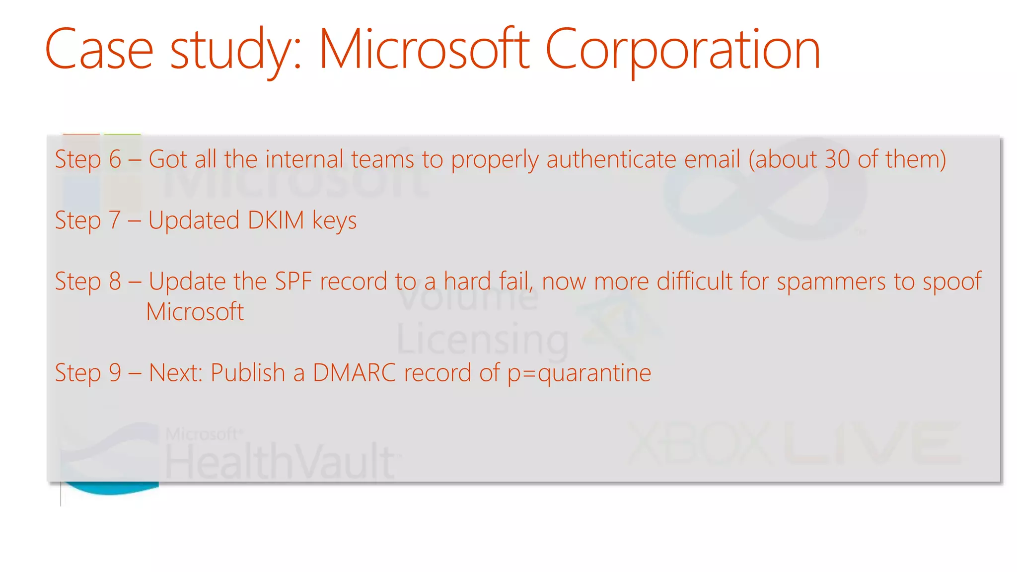 Step 6 – Got all the internal teams to properly authenticate email (about 30 of them) 
Step 7 – Updated DKIM keys 
Step 8 – Update the SPF record to a hard fail, now more difficult for spammers to spoof 
Microsoft 
Step 9 – Next: Publish a DMARC record of p=quarantine 
 