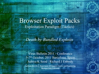 Browser Exploit Packs
 Exploitation Paradigm (Tactics)


  Death by Bundled Exploits


      Virus Bulletin 2011 - Conference
   5-7th October, 2011 Barcelona, Spain
     Aditya K Sood | Richard J Enbody
  SecNiche Security | Department of Computer Science and Engineering
                      Michigan State University
 