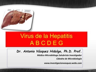 Virus de la Hepatitis
A B C D E G
Dr. Antonio Vásquez Hidalgo, Ph.D. Prof.
Médico Microbiólogo Salubrista Investigador
Cátedra de Microbiología
www.investigacionvasquez.webs.com
 