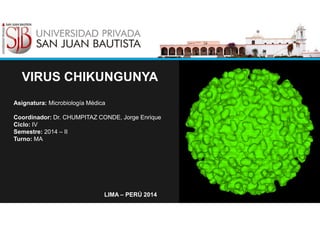 VIRUS CHIKUNGUNYA
Asignatura: Microbiología Médica
Coordinador: Dr. CHUMPITAZ CONDE, Jorge Enrique
Ciclo: IV
Semestre: 2014 – II
Turno: MA
LIMA – PERÚ 2014
 