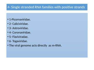 4- Single stranded RNA families with positive strands
• 1-Picornaviridae.
• 2- Caliciviridae.
• 3- Astroviridae.
• 4- Coronaviridae.
• 5- Flaviviradae.
• 6- Togaviridae.
• The viral genome acts directly as m-RNA.
 