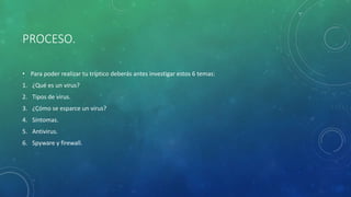 PROCESO. 
• Para poder realizar tu tríptico deberás antes investigar estos 6 temas: 
1. ¿Qué es un virus? 
2. Tipos de virus. 
3. ¿Cómo se esparce un virus? 
4. Síntomas. 
5. Antivirus. 
6. Spyware y firewall. 
 