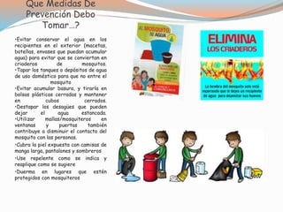 Que Medidas De 
Prevención Debo 
Tomar…? 
•Evitar conservar el agua en los 
recipientes en el exterior (macetas, 
botellas, envases que puedan acumular 
agua) para evitar que se conviertan en 
criaderos de mosquitos. 
•Tapar los tanques o depósitos de agua 
de uso doméstico para que no entre el 
mosquito 
•Evitar acumular basura, y tirarla en 
bolsas plásticas cerradas y mantener 
en cubos cerrados. 
•Destapar los desagües que pueden 
dejar el agua estancada. 
•Utilizar mallas/mosquiteros en 
ventanas y puertas también 
contribuye a disminuir el contacto del 
mosquito con las personas. 
•Cubra la piel expuesta con camisas de 
manga larga, pantalones y sombreros 
•Use repelente como se indica y 
reaplique como se sugiere 
•Duerma en lugares que estén 
protegidos con mosquiteros 
 
