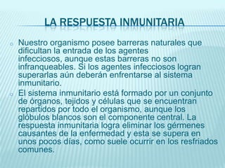 LA RESPUESTA INMUNITARIA
o

o

Nuestro organismo posee barreras naturales que
dificultan la entrada de los agentes
infecciosos, aunque estas barreras no son
infranqueables. Si los agentes infecciosos logran
superarlas aún deberán enfrentarse al sistema
inmunitario.
El sistema inmunitario está formado por un conjunto
de órganos, tejidos y células que se encuentran
repartidos por todo el organismo, aunque los
glóbulos blancos son el componente central. La
respuesta inmunitaria logra eliminar los gérmenes
causantes de la enfermedad y esta se supera en
unos pocos días, como suele ocurrir en los resfriados
comunes.

 