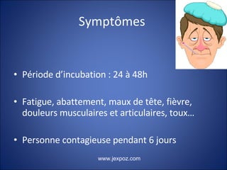 Symptômes  Période d’incubation : 24 à 48h Fatigue, abattement, maux de tête, fièvre, douleurs musculaires et articulaires, toux… Personne contagieuse pendant 6 jours www.jexpoz.com 