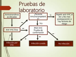 Pruebas de
laboratorio
Aminotransferas
as elevadas
Anti VHC Elisa
Infección por
VHC
+
Repetir anti-VHC al
3er y 6to mes
postexposición si
hay factores de
riesgo
Si
+
No Infección
-
RNA VHC
Prueba de
confirmación
-
Infección curada
-
¿Paciente
inmunocompetent
e?
- No
 