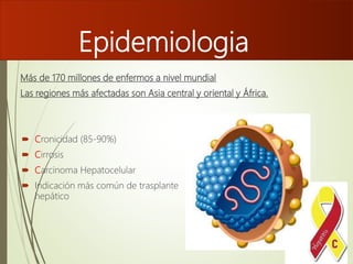 Epidemiologia
Más de 170 millones de enfermos a nivel mundial
Las regiones más afectadas son Asia central y oriental y África.
 Cronicidad (85-90%)
 Cirrosis
 Carcinoma Hepatocelular
 Indicación más común de trasplante
hepático
 