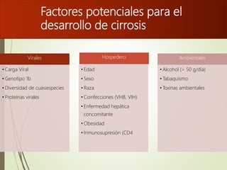Factores potenciales para el
desarrollo de cirrosis
Virales
• Carga Viral
• Genotipo 1b
• Diversidad de cuasiespecies
• Proteínas virales
Hospedero
• Edad
• Sexo
• Raza
• Coinfecciones (VHB, VIH)
• Enfermedad hepática
concomitante
• Obesidad
• Inmunosupresión (CD4
Ambientales
• Alcohol (> 50 g/día)
• Tabaquismo
• Toxinas ambientales
 