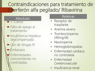 Contraindicaciones para tratamiento de
Interferón alfa pegilado/ Ribavirina
 < 3 años
 Falta de apego al
tratamiento
 Insuficiencia hepática
descompensada
 Uso de drogas IV
 Embarazo
 Enfermedades
concomitantes no
controladas
Absolutas
• Receptor de
trasplante
• Anemia severa
• Trombocitopenia
(40mg/dl)
• Neutropenia
• Hemoglobinopatías
• Enfermedad cardiaca
no controlada
• Enfermedad
Cerebrovascular
• Insuficiencia renal
Relativas
 