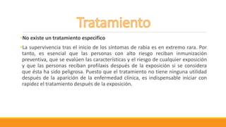 •No existe un tratamiento especifico
•La supervivencia tras el inicio de los síntomas de rabia es en extremo rara. Por
tanto, es esencial que las personas con alto riesgo reciban inmunización
preventiva, que se evalúen las características y el riesgo de cualquier exposición
y que las personas reciban profilaxis después de la exposición si se considera
que ésta ha sido peligrosa. Puesto que el tratamiento no tiene ninguna utilidad
después de la aparición de la enfermedad clínica, es indispensable iniciar con
rapidez el tratamiento después de la exposición.
 