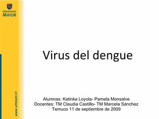 Virus del dengue Alumnas: Katinka Loyola- Pamela Monsalve Docentes: TM Claudia Castillo- TM Marcela Sánchez Temuco 11 de septiembre de 2009 