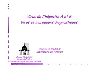 Virus de l'hépatite A et E
                  Virus et marqueurs diagnostiques




                                  Vincent THIBAULT
                                Laboratoire de Virologie

         Groupe Hospitalier
          Pitié-Salpêtrière
Assistance Publique Hôpitaux de Paris
   V.Thibault DU_janv.-11 1
 