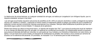 tratamientoLa destruccion de pocas lesiones, en cualquier variedad de verrugas, se realiza por congelacion con nitrógeno liquido, que no
requiere anestesia, aunque si hay dolor.
Las verrugas acuminadas requieren soluciones de podofilina al 20 o 40% en solucion alcoholica o aceite, protegiendo los tejidos
vecinos con vaselina o colodion, y aplicando el mismo medico el tratamiento debido al peligro que existe de que la podofilina se
extienda a zonas vecinas y produzcan intensas quemaduras muy molestas. Siempre debe enfatizarse al paciente que lave con
abundante agua y jabon la zona tratada 1 h despues de la aplicacion.
Desde hace tiempo se utiliza el imiquimod topico, un ligando del receptor tipo Toll 7, que induce la producción local de interferon
α, en el manejo de diferentes tipos de verrugas, en especial los condilomas acuminados. Es indispensable advertir al paciente
que produce la llamada dermatiti por citocinas, la cual puede ser muy molesta y es inherente al tratamiento con esta crema, se
aplica 1 cm por fuera de la zona a tratar y el esquema de dosificacion es variable, tres noches o cinco noches por semana de
acuerdo con la tolerancia del paciente. En promedio, se necesitan 12 a 16 semanas para la total erradicacion.
 