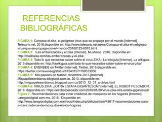 REFERENCIAS
BIBLIOGRÁFICAS
FIGURA 1: Conozca el zika, el peligroso virus que se propaga por el mundo [Internet].
Telesurtv.net. 2016.disponible en: http://www.telesurtv.net/news/Conozca-el-zika-el-peligroso-
virus-que-se-propaga-por-el-mundo-20160122-0078.html
FIGURA 2: /Las embarazadas y el zika [Internet]. Mushaisa. 2016. disponible en:
http://mushaisa.com/las-embarazadas-y-el-zika
FIGURA 3: Todo lo que necesitas saber sobre el virus ZIKA - La wikiguia [Internet]. La wikiguia.
2016.disponible en: http://lawikiguia.com/todo-lo-que-necesitas-saber-sobre-el-virus-zika/
FIGURA 4: EVENSEG on Twitter [Internet]. Twitter. 2016.disponible en:
https://twitter.com/evenseg/status/675401571199533056
FIGURA 5: Mis papeles en blanco: diciembre 2013 [Internet].
Mispapelesenblanco.blogspot.com.co. 2013. disponible en:
http://mispapelesenblanco.blogspot.com.co/2013_12_01_archive.html
FIGURA 6: VIRUS ZIKA: ¿OTRA ESTAFA GIGANTESCA? [Internet]. EL ROBOT PESCADOR.
2016. disponible en: https://elrobotpescador.com/2016/01/29/virus-zika-otra-estafa-gigantesca/
Figura 7: Recomendaciones para evitar criaderos de mosquitos en los hogares [Internet].
Laregiondigital.com.mx. 2016 . Disponible en:
http://www.laregiondigital.com.mx/inicio/index.php/delicias/item/48617-recomendaciones-para-
evitar-criaderos-de-mosquitos-en-los-hogares
 
