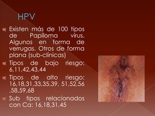 Existen más de 100 tipos
de      Papiloma      virus.
Algunos en forma de
verrugas. Otros de forma
plana (sub-clínicas)
Tipos de bajo riesgo:
6,11,42,43,44
Tipos de alto riesgo:
16,18,31,33,35,39, 51,52,56
,58,59,68
Sub tipos relacionados
con Ca: 16,18,31,45
 